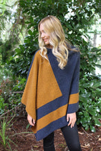 Load image into Gallery viewer, Asymmetrical possum merino poncho with geometric pattern in contrast colour. Textured knit structure feature in contrast panel. Lothlorian. Made in New Zealand.