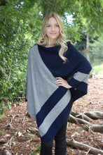 Load image into Gallery viewer, Asymmetrical possum merino poncho with geometric pattern in contrast colour. Textured knit structure feature in contrast panel. Lothlorian. Made in New Zealand. Silver