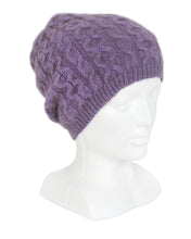 Load image into Gallery viewer, Cabled possum merino beanie with generous crown, wear slouch style. Lothlorian. Made in New Zealand