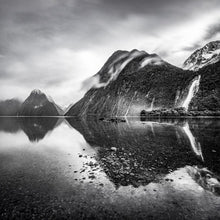 Load image into Gallery viewer, Stewart Nimmo, Nimmo Photography, Limited Edition, Photography, Fine Art, Print, New Zealand, NZ, Landscape, Scenery, Black and White, BW, Milford Sound, Stirling Falls, Reflection, Fiordland, National Park,