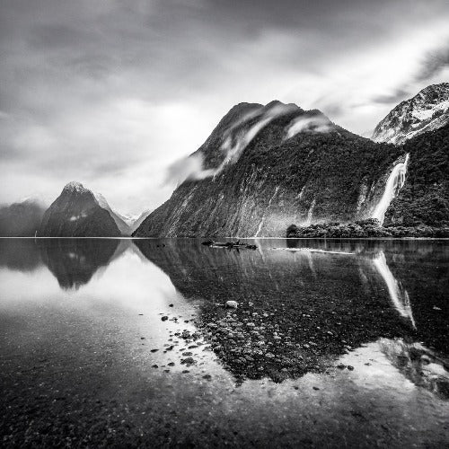 Stewart Nimmo, Nimmo Photography, Limited Edition, Photography, Fine Art, Print, New Zealand, NZ, Landscape, Scenery, Black and White, BW, Milford Sound, Stirling Falls, Reflection, Fiordland, National Park,