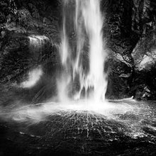 Load image into Gallery viewer, Stewart Nimmo, Nimmo Photography, Limited Edition, Photography, Fine Art, Print, New Zealand, NZ, Landscape, Scenery, Black and White, BW, Stirling Falls, Milford Sound, Waterfall, Fiordland, National Park,