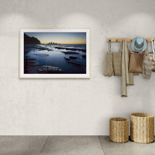 Load image into Gallery viewer, 12 Mile Dusk fine art landscape print by Stewart Nimmo displayed in a light modern interior in an oak frame