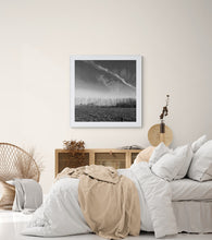 Load image into Gallery viewer, Framed Poplars black and white landscape print displayed above a bed in a neutral bedroom.