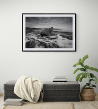 Load image into Gallery viewer, Black and white West Coast New Zealand coastal photography print displayed as wall art framed in black