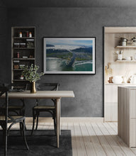 Load image into Gallery viewer, The Barber Greymouth landscape photography print by Stewart Nimmo displayed in a dark interior with black frame