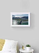 Load image into Gallery viewer, Greymouth aerial fine art landscape print by Stewart Nimmo displayed in a light interior framed in white