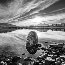 Load image into Gallery viewer, Central Rock, black and white photograph by Stewart Nimmo of a rock and reflections in Lake Camp, Canterbury, New Zealand.