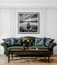 Load image into Gallery viewer, Framed Central Rock black and white landscape print displayed above a green sofa.