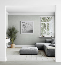 Load image into Gallery viewer, Framed Tree Branches black and white fine art print displayed above a neutral sofa.