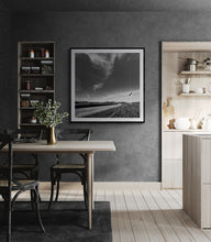 Load image into Gallery viewer, Framed Open Road Signs black and white fine art print displayed in a dark contemporary kitchen and dining area.