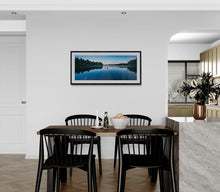Load image into Gallery viewer, Framed in black Lake Mapourika New Zealand landscape photography print displayed in a dining room