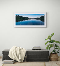 Load image into Gallery viewer, Framed in white Lake Mapourika fine art landscape photography print by Stewart Nimmo displayed above a sofa