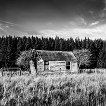 Load image into Gallery viewer, Derelict House black and white photograph on Lake Coleridge Road, Canterbury, New Zealand by Stewart Nimmo