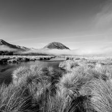 Load image into Gallery viewer, Sugarloaf and Creek black and white landscape photograph at Lake Heron, Canterbury, New Zealand by Stewart Nimmo