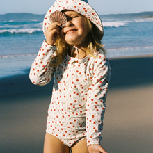Load image into Gallery viewer, Child wearing nature baby one piece swimsuit in joiette print with matching swimhat