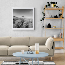 Load image into Gallery viewer, Framed Sugarloaf and Creek black and white fine art print displayed above a cream sofa