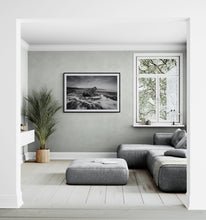 Load image into Gallery viewer, South Westland black and white landscape print by Stewart Nimmo displayed black framed in a light interior