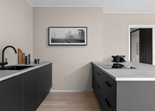 Load image into Gallery viewer, Cass Railway Station panoramic landscape print framed with a black frame in a modern kitchen interior