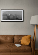 Load image into Gallery viewer, Framed Train on Old Cobden Bridge panoramic photograph displayed in a warm dark-toned interior.