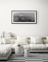 Load image into Gallery viewer, Train on Old Cobden Bridge black and white West Coast photograph framed in a light contemporary interior.