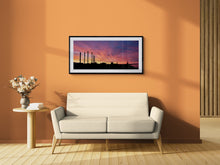 Load image into Gallery viewer, Greymouth Sunset panoramic fine art landscape print displayed in a warm modern living roomw in a  black frame