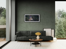 Load image into Gallery viewer, Kea in Flight New Zealand wildlife fine art print displayed in a modern living room dark tones with a black frame