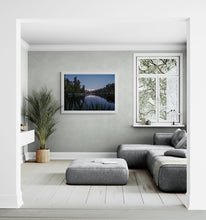 Load image into Gallery viewer, Framed Lake Matheson landscape photograph displayed in a bright modern living room.
