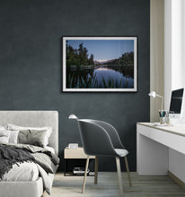 Load image into Gallery viewer, Framed Lake Matheson fine art print displayed on a dark wall in a modern bedroom and study.