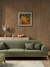 Load image into Gallery viewer, Milford Track Boardwalk winding through native forest in the Fiordland National Park framed in black on panelled wall in a living area