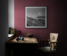Load image into Gallery viewer, Framed Milford Track Moon black and white landscape print displayed in a dark interior