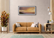 Load image into Gallery viewer, Evening Light over Greymouth landscape photography print framed in black by Stewart Nimmo displayed in a living room