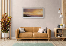 Load image into Gallery viewer, Framed Evening Light over Greymouth fine art landscape print in a living room framed with a light oak frame