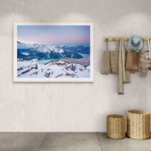 Load image into Gallery viewer, Southern Alps from Mueller Hut New Zealand landscape photography print displayed in a light interior light oak frame