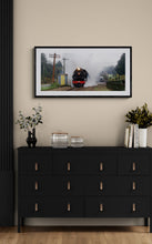 Load image into Gallery viewer, Steam Train at Kokiri panoramic West Coast railway print framed in black displayed in a home interior