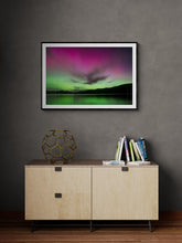 Load image into Gallery viewer, Stewart Island Southern Lights photography print displayed in a dark modern interior