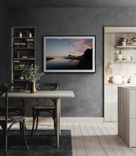 Load image into Gallery viewer, Tauranga Bay sunset landscape photography print displayed in a dark contemporary interior