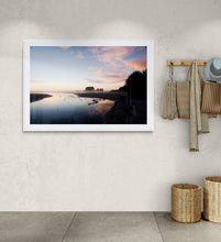 Load image into Gallery viewer, Framed Tauranga Bay sunset landscape photograph print by Stewart Nimmo displayed in a light interior