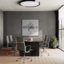 Load image into Gallery viewer, Black and white photograph of the Wanaka Tree with birds reflected in Lake Wanaka New Zealand framed in a corporate setting