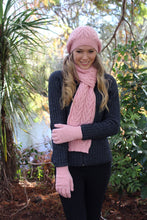 Load image into Gallery viewer, Chunky cabled alpaca beanie with generous crown, wear slouch style.  Rose