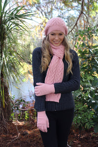 Chunky cabled alpaca beanie with generous crown, wear slouch style.  Rose