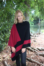 Load image into Gallery viewer, Asymmetrical possum merino poncho with geometric pattern in contrast colour. Textured knit structure feature in contrast panel. Lothlorian. Made in New Zealand. Raspberry