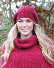 Load image into Gallery viewer, Chunky cabled alpaca beanie with generous crown, wear slouch style.  Claret
