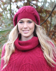 Chunky cabled alpaca beanie with generous crown, wear slouch style.  Claret