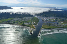 Load image into Gallery viewer, Aerial landscape photography of Greymouth and the Grey River mouth with the Barber, West Coast New Zealand