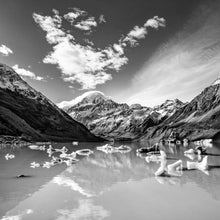 Load image into Gallery viewer, Stewart Nimmo, Nimmo Photography, Limited Edition, Photography, Fine Art, Print, New Zealand, NZ, Landscape, Scenery, Black and White, BW, Otago, Mount Cook, Hooker Valley, Hooker Lake, Ice bergs, Reflection, 