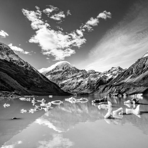 Stewart Nimmo, Nimmo Photography, Limited Edition, Photography, Fine Art, Print, New Zealand, NZ, Landscape, Scenery, Black and White, BW, Otago, Mount Cook, Hooker Valley, Hooker Lake, Ice bergs, Reflection, 