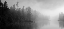 Load image into Gallery viewer, Mist over the Arnold River at Lake Brunner on the West Coast, New Zealand – black and white photograph by Stewart Nimmo