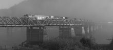 Load image into Gallery viewer, Black and white photograph of Train 4277 crossing the old Cobden rail bridge over the Grey River, Greymouth, West Coast NZ.