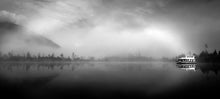Load image into Gallery viewer, Black and white photograph of a houseboat in mist on Lake Brunner at Moana, West Coast New Zealand
